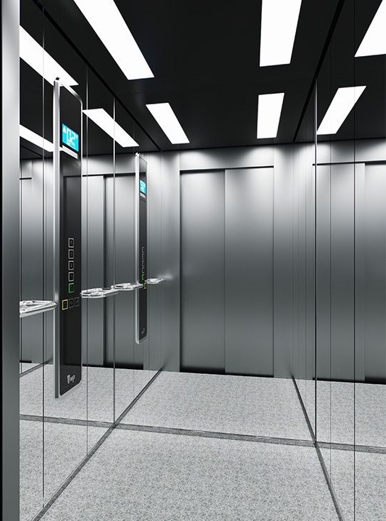 Cabina de ascensor acero inoxidable premium con iluminación geométrica — Ascensores Skylift