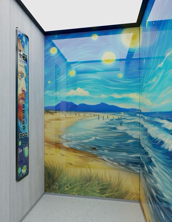 Cabina personalizada con mural artístico estilo Van Gogh playa — Ascensores Skylift